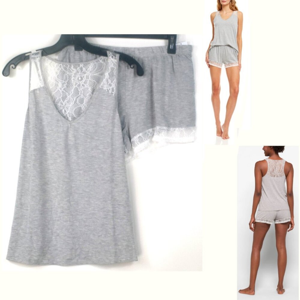 FLORA NIKROOZ Frances Knit Cami & Tap Shorts Pajama Set Heather Gray Size L NWT